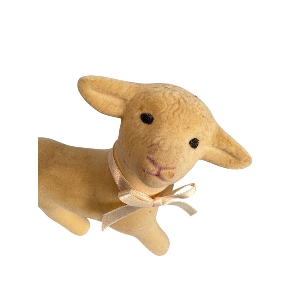 Vintage Midcentury Flocked Lamb Figurine W/ Satin Bow 7.5" - Picture 3 of 9
